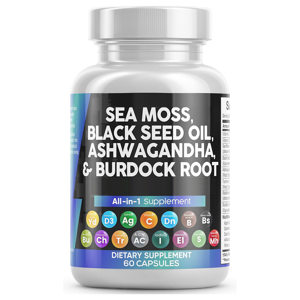 OEM/ODM Sea Moss Black Seed Oil  Ashwagandha Turmeric  Bladderwrack Burdock & Vitamin C & D3 with Elderberry Manuka Dandelion Yellow Dock Iodine Chlorophyll